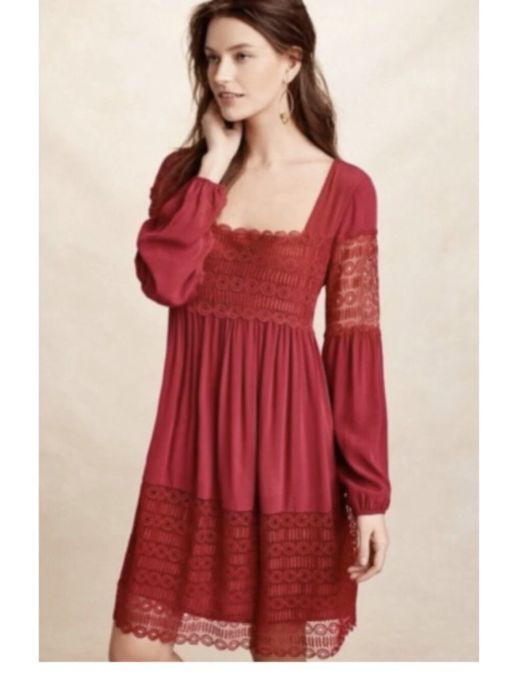Anthropologie Floreat Burgundy Dress Raspberry long sleeve lace romantic size 8